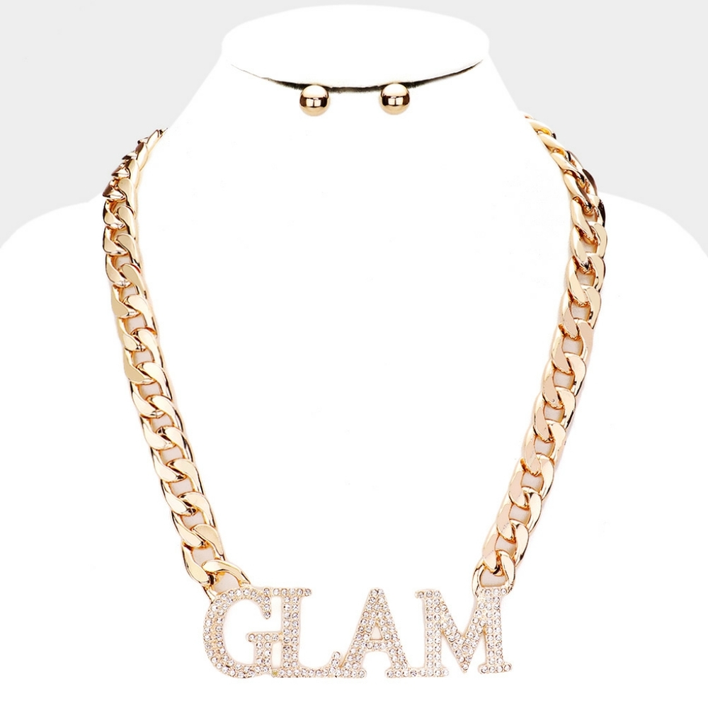 Gold GLAM Rhinestone Word Pendant Necklace Chain